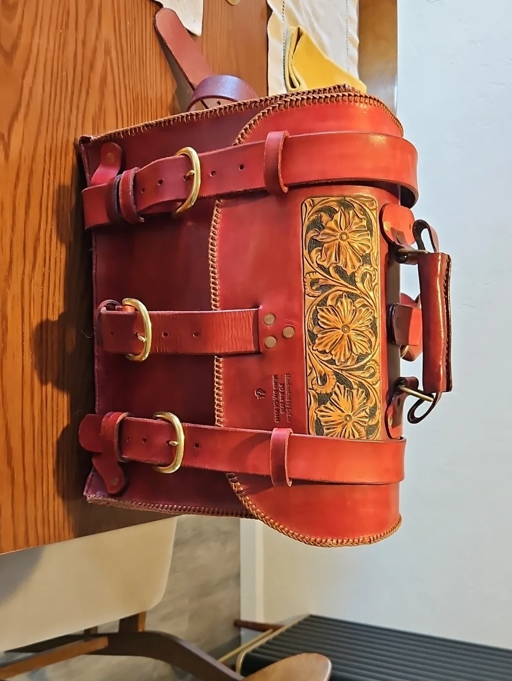 Handcrafted Red Leather Floral Tooled Satchel